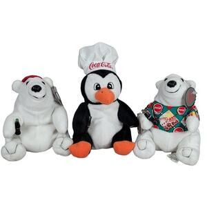 Coca Cola Plush Polar Bears and Penguin Vintage Collectible 1997 Lot of Three